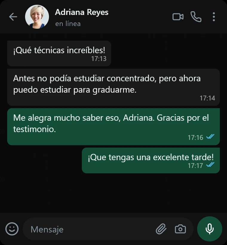 Mensaje de Adriana Reyes: «Antes no podía estudiar concentrado, pero ahora puedo estudiar para graduarme.»